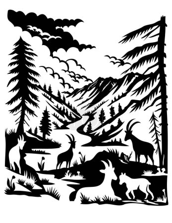 Ilustración de Scherenschnitt suizo o tijeras corte ilustración de silueta de ibex con Val Trupchun situado en el Parque Nacional Suizo en los Alpes de Rhaetian occidental, Suiza hecho en corte de papel o estilo decoupage - Imagen libre de derechos
