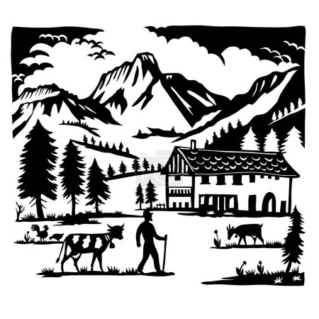Swiss scherenschnitt or scissors cut illustration of silhouette of Gantrisch Nature Park with chalet, farmer, cow, goat between Bern, Thun and Freiburg Switzerland in paper cut or decoupage style