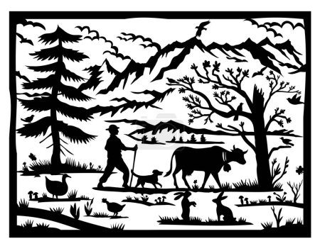 Swiss scherenschnitt or scissors cut illustration of silhouette of Swiss alps with fir tree and farmer, cow, dog, rabbit, goose, butterfly, mountains and birds done in paper cut or decoupage style