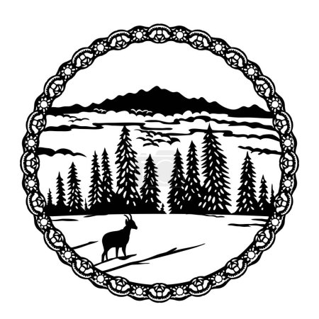 Scherenschnitte suisse ou ciseaux illustration découpée de silhouette de chamois dans le Parc Naturel Vaudois du Jura de la Région Léman, Suisse à l'intérieur du cercle en papier découpé ou découpé