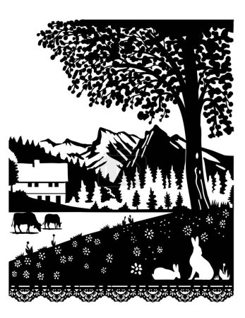Scherenschnitte suizo o tijeras cortan ilustración de silueta de una vaca y un conejo en un pueblo en el Parque Natural Diemtigtal en el cantón de Berna, Suiza hecho en papel cortado o decoupage