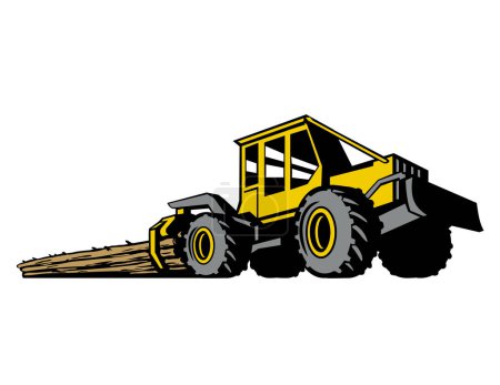 Retro style illustration of a cable skidder, grapple skidder or logging arch pulling a tree behind it viewed from a low angle on isolated background