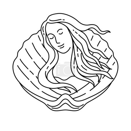 Mono-Linie Illustration der Venus, Meerjungfrau oder Sirene mit langen fließenden Haaren auf Muschelschale von vorne betrachtet in Monolinie Art Stil getan