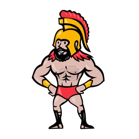 Illustration for Cartoon style illustration of a Spartan warrior wearing helmet with red hair and beard with hands on hips arms akimbo viewed from front on isolated background done in color. - Royalty Free Image