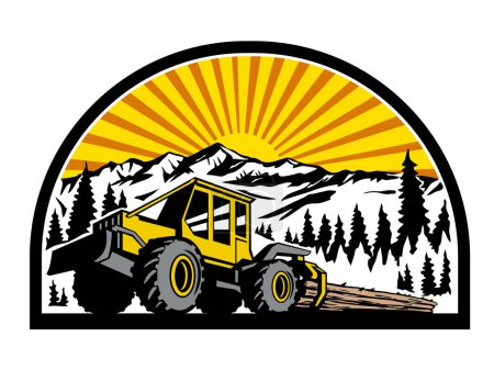 Retro style illustration of a cable skidder pulling a tree behind it with mountains, trees and forest and sunburst in the background set inside half circle on isolated background