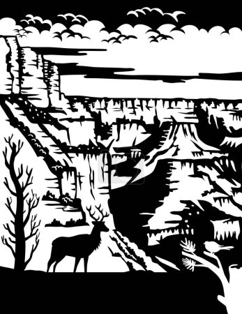 Téléchargez les illustrations : Scherenschnitte suisse ou ciseaux illustration découpée de la silhouette d'un wapiti en bordure sud du parc national du Grand Canyon près de Tusayan, Arizona, États-Unis Etats-Unis fait en papier découpé ou découpage - en licence libre de droit