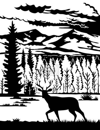 Scherenschnitte suizo o tijeras cortan la ilustración de la silueta de un ciervo mula en las montañas del Capitán en el condado de Lincoln, Nuevo México, Estados Unidos de América hecho en papel cortado o decoupage