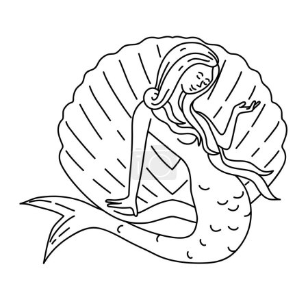 Mono line illustration of a mermaid or siren with long flowing hair sitting on clam shell viewed from front done in monoline line art style
