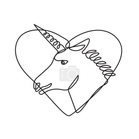Foto de Dibujo de línea continua ilustración de la cabeza de unicornio visto desde el lado del conjunto dentro de la forma del corazón hecho en línea mono o estilo garabato en blanco y negro sobre fondo aislado. - Imagen libre de derechos