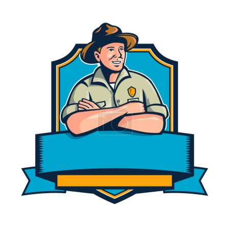 Retro style illustration of a ranger, park ranger, park warden or forest ranger with arms crossed set inside shield badge or crest on isolated background done in full color
