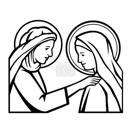 Foto de Ilustración estilo mascota retro de la visita de María a su pariente Elizabeth; ambos están embarazadas vistas desde un lado sobre un fondo aislado hecho en blanco y negro - Imagen libre de derechos