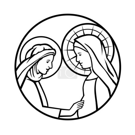 Illustration for Retro mascot style illustration of the visitation of Mary to her relative Elizabeth; they are both pregnant viewed from side set inside circle on isolated background done in black and white - Royalty Free Image