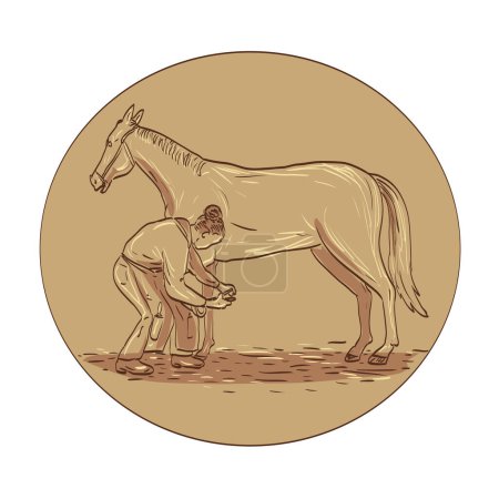 Illustration for Drawing or illustration of a female farrier placing horseshoe on the horse hoof viewed from the side set inside circle on isolated background retro style. - Royalty Free Image