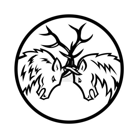 Foto de Mascota ilustración de dos alces de toro, Cervus canadensis, o wapiti en la lucha en la rutina cabezazos visto desde un lado conjunto dentro del círculo sobre fondo aislado en blanco y negro estilo retro - Imagen libre de derechos