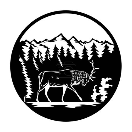 Téléchargez les illustrations : Illustration rétro d'un wapiti taureau, Cervus canadensis ou wapiti combattant vue de côté dans le parc national des Rocheuses, Colorado, États-Unis à l'intérieur d'un cercle isolé en noir et blanc - en licence libre de droit
