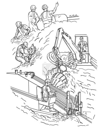 Dibujo ilustración de estilo de boceto del sitio de trabajo de perforación direccional horizontal con perforación de plataforma de perforación, excavadora mecánica que pone mangueras de servicio vacías y capataz trabajador de la construcción en blanco y negro.