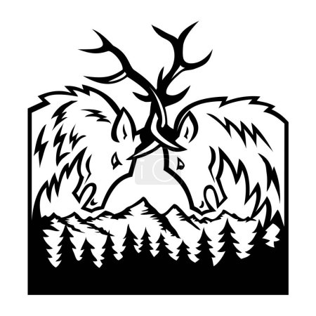 Téléchargez les illustrations : Illustration rétro de deux têtes de taureaux, Cervus canadensis ou wapiti combattant dans le parc national des Rocheuses, Colorado, États-Unis sur fond isolé en noir et blanc - en licence libre de droit