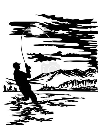 Swiss scherenschnitte or scissors cut illustration of silhouette of an angler fisherman fly fishing in Madison River within Yellowstone National Park in Montana, USA done in paper cut or decoupage