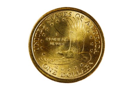 Vereinigte Staaten von Amerika Sacagawea Gold Dollar Coin Tail Side auf weißem Hintergrund