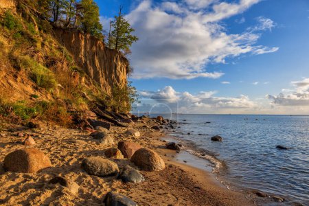 Scenic coastal landscape at sunrise with Orowski Cliff at the Baltic Sea in Gdynia Orlowo, northern Poland.