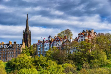 City of Edinburgh skyline with Ramsay Garden houses and Hub Tower (Tolbooth Church) in Scotland, UK. 