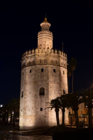 Torre del Oro - the Tower of Gold illuminated at night in Seville, Andalusia, Spain. Medieval dodecagonal watchtower dating back to the 13th century.