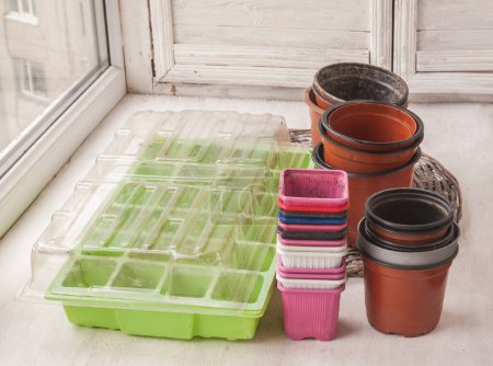 Foto de Mini greenhouse and plastic pots for seedlings on the window. Preparing for spring sowing. Spring work gardener. - Imagen libre de derechos