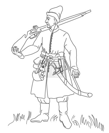 Ukrainian registered Cossack with a flintlock rifle from the 16th century. Black and white page for coloring book for kids and  adults.  