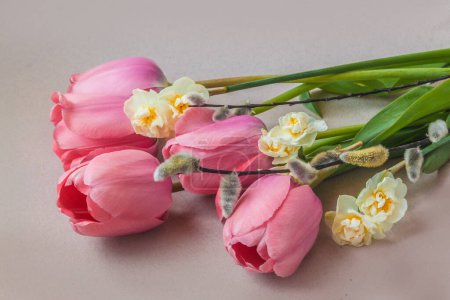 Pink tulips, double daffodils and willow branches on a gray background. Horizontal background for spring holidays, calendar, post on social networks. Place for text
