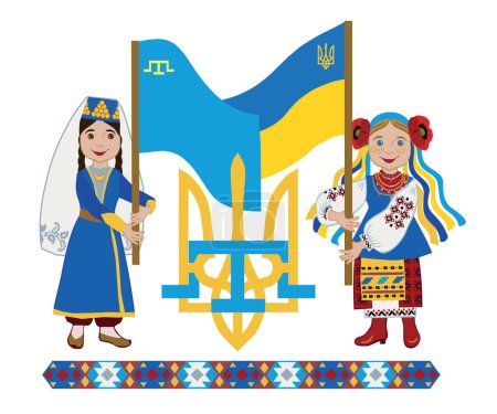 Téléchargez les illustrations : Femme de Crimée et femme ukrainienne avec des drapeaux sur le fond d'un trident composé et tamga, concept - Crimée Ukraine. - en licence libre de droit