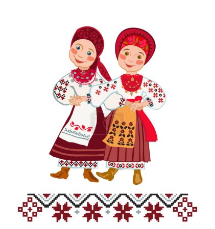 Dos mujeres en trajes populares bailando la danza del centro de Ucrania "Bulba" (papa)
