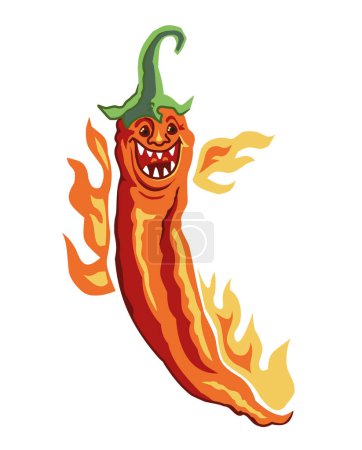 Téléchargez les photos : Piment rouge extrêmement chaud paprika dessin animé poivre souriant caractère anthropomorphe entouré de flammes - en image libre de droit