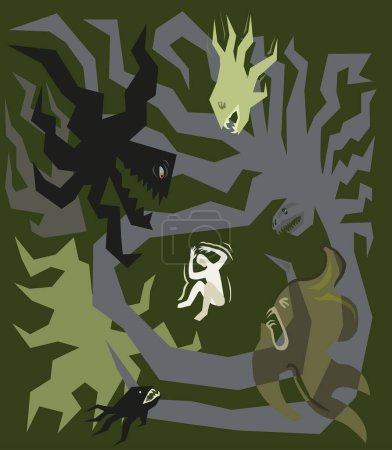 Ilustración de El pánico ataca el concepto con una persona deprimida sobre un fondo verde oscuro. Ilustración vectorial - Imagen libre de derechos