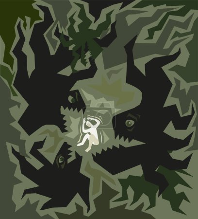 Ilustración de El pánico ataca el concepto con una persona deprimida sobre un fondo verde oscuro. Ilustración vectorial - Imagen libre de derechos