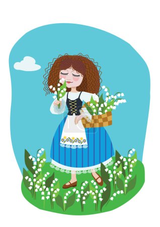Téléchargez les photos : Image vectorielle d'une fille aux cheveux bouclés en costume folklorique européen avec des lis de la vallée. Concept de bonheur, d'amour et de tendresse. - en image libre de droit