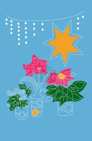 Téléchargez les photos : Poinsettia, Amaryllis et Helleborus motif vectoriel de fleurs de Noël, illustration en couleur. Dessin au trait et au trait. Carte de Noël - en image libre de droit