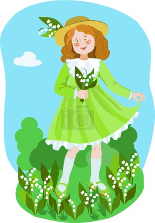Téléchargez les photos : Illustration vectorielle avec une fille aux cheveux roux en robe verte recueillant des lis de la vallée dans une clairière. Concept de bonheur, d'amour et de tendresse. - en image libre de droit