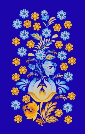 Illustration for Floral pattern of yellow blue flowers  in the style of painting Petrykivka. Vector illustration of the historic artistic traditions in the national style. - Royalty Free Image