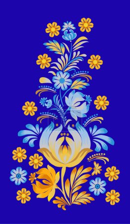 Illustration for Floral pattern of yellow blue flowers  in the style of painting Petrykivka. Vector illustration of the historic artistic traditions in the national style. - Royalty Free Image