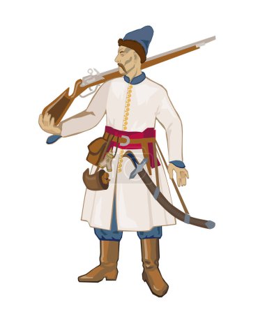 Illustration for Ukrainian registered Cossack approximately 16st century with a flintlock rifle, bags for bullets and gunpowder on a white background. Vector illustration - Royalty Free Image