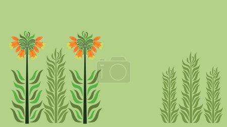 Vector illustration with stylized blooming imperial fritillaria on a green background. Background for postcard, banner.