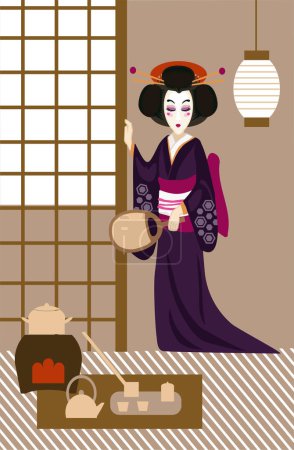 Téléchargez les photos : Cérémonie du thé. Illustration vectorielle avec geisha dans une maison de thé. - en image libre de droit