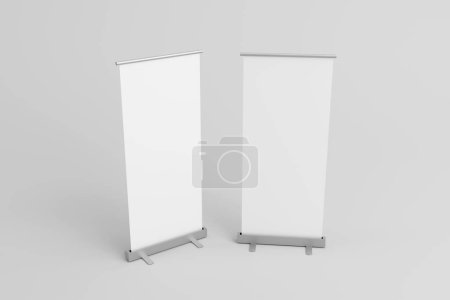 Téléchargez les photos : Clear rollup banner design mock up. Empty roller sign board template stand.3d illustration - en image libre de droit
