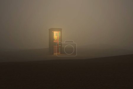 Foto de Lighted telephone booth isolated in the foggy desert - Imagen libre de derechos