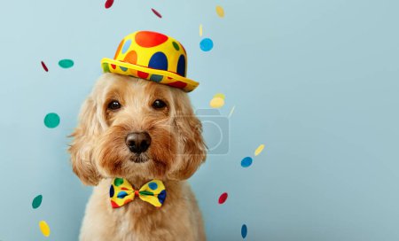 Foto de Funny dog wearing a clown hat and bowtie celebrating at a birthday party - Imagen libre de derechos