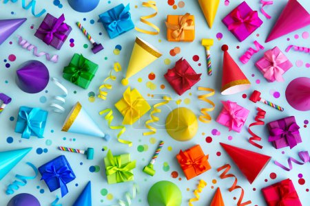 Téléchargez les photos : Collection d'objets de fête d'anniversaire colorés en couleurs arc-en-ciel - en image libre de droit