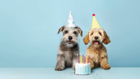 Two cute happy puppy dogs with a birthday cake celebrating at a birthday party