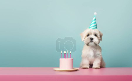 Photo for Cute puppy dog celebrating with a birthday cake with five pink birthday candles, blue background with copy space to side - Royalty Free Image
