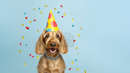 Joyeux chien de teckel mignon portant un chapeau de fête célébrant lors d'une fête d'anniversaire, entourant en tombant confettis