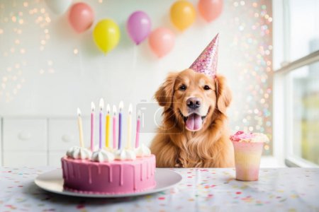 Téléchargez les photos : Joyeux chien à la fête d'anniversaire célébrant avec gâteau d'anniversaire et ballons de fête - en image libre de droit
